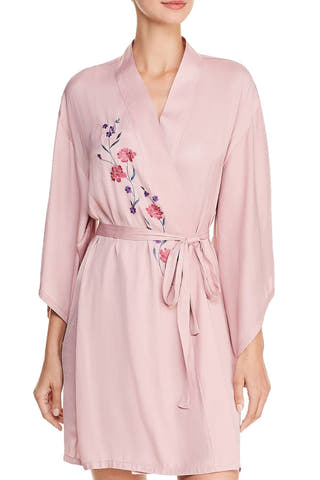 Josie by Natori Washed Satin Embroidered Wrap Robe in Perfect Pink