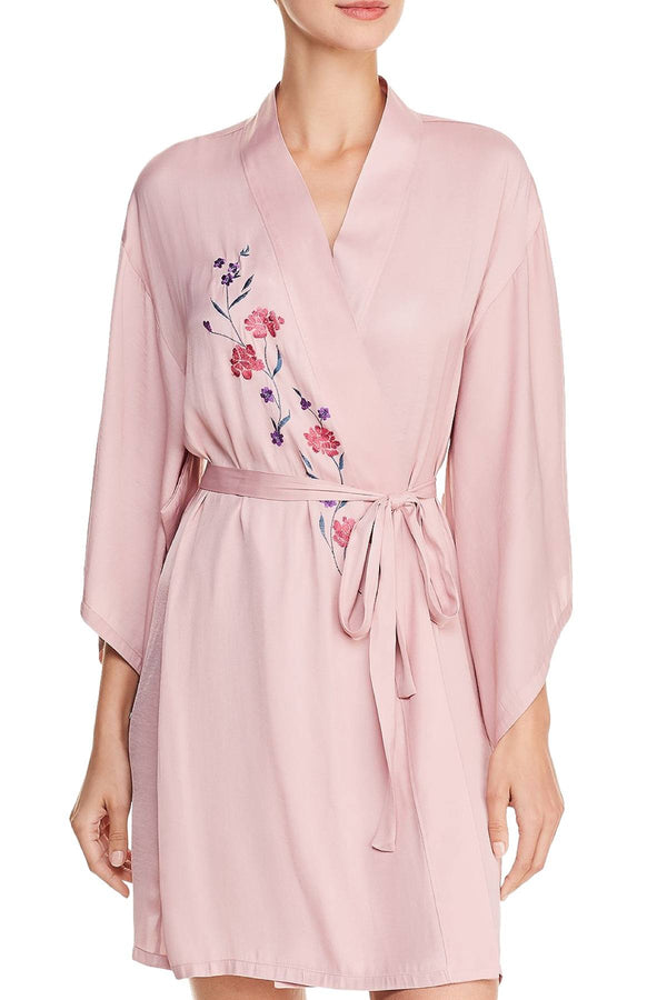 Josie by Natori Washed Satin Embroidered Wrap Robe in Perfect Pink