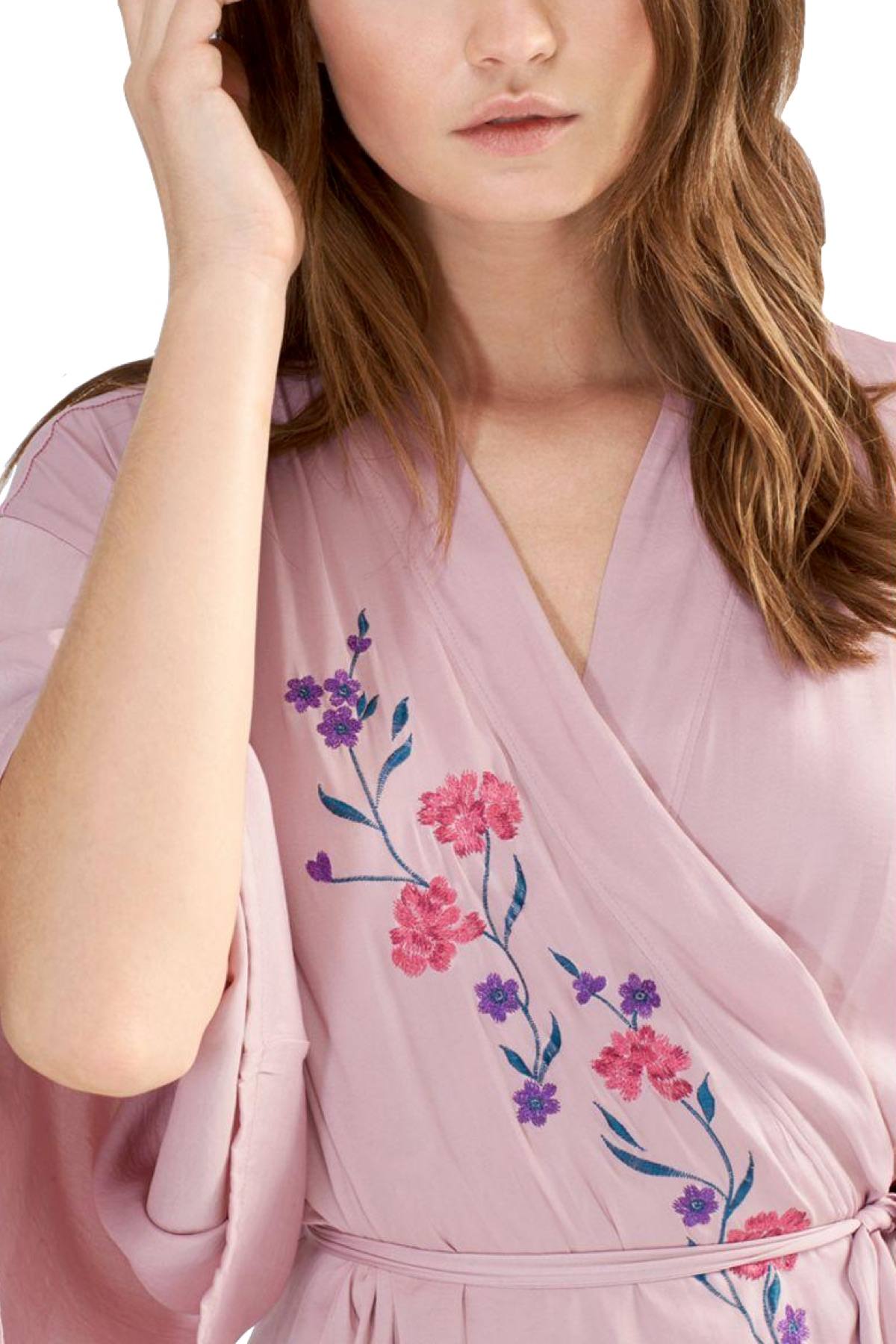 Josie by Natori Washed Satin Embroidered Wrap Robe in Perfect Pink