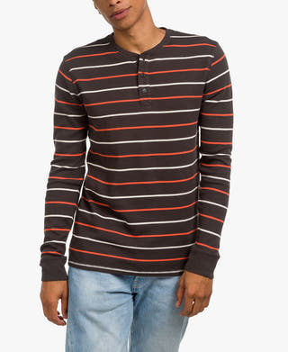 Junk Food Linn Long Sleeve Striped Henley Shirt Vintage-Like Black