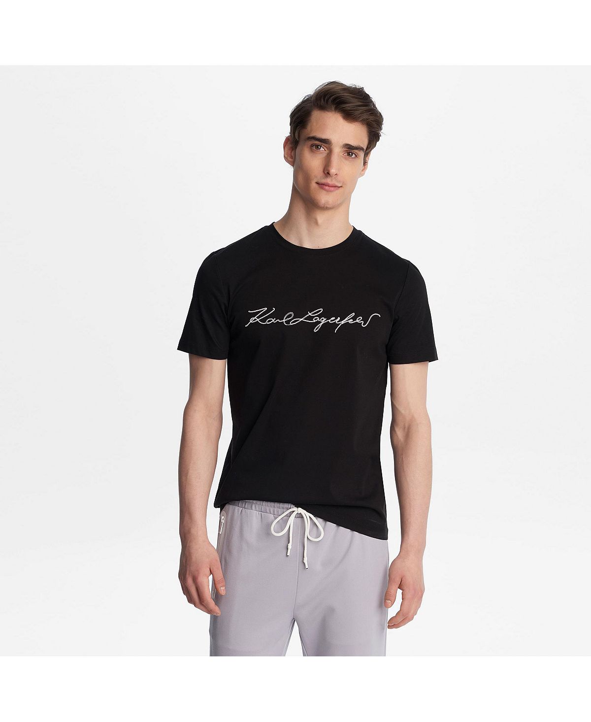 Karl Lagerfeld Paris Mercerized Cotton Embroidered Signature Tee Black