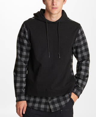 Karl Lagerfeld Solid And Plaid Hooded Twofer Black