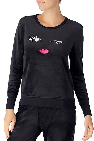 Kate Spade New York Black Plush Embroidered Lounge Top