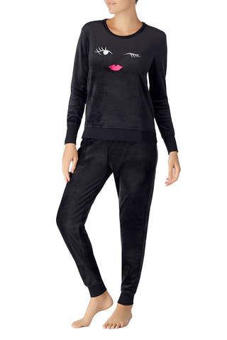 Kate Spade New York Black Stretch-Velour Embroidered Pajama Set