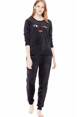 Kate Spade New York Black Stretch-Velour Embroidered Pajama Set thumbnail 2