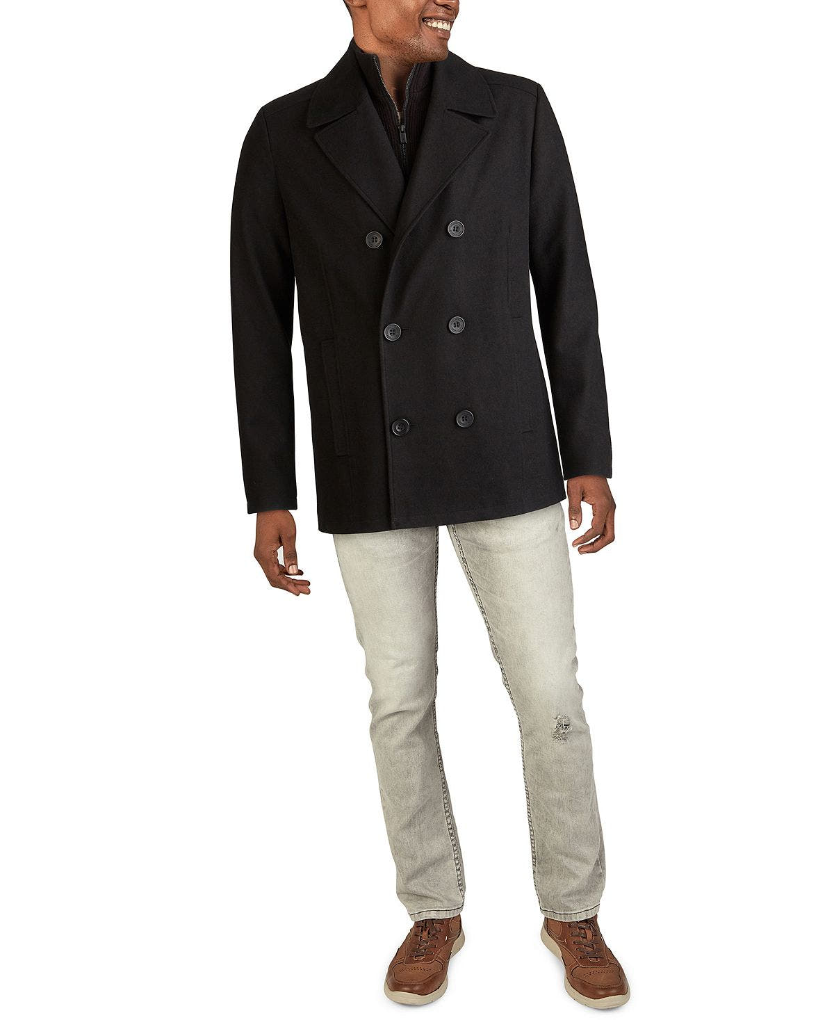 Kenneth Cole Big & Tall Double-breasted Wool-blend Peacoat Black