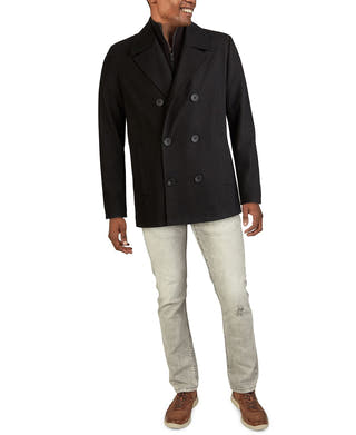 Kenneth Cole Big & Tall Double-breasted Wool-blend Peacoat Black