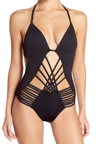 Kenneth Cole Black Macrame Push-Up Monokini