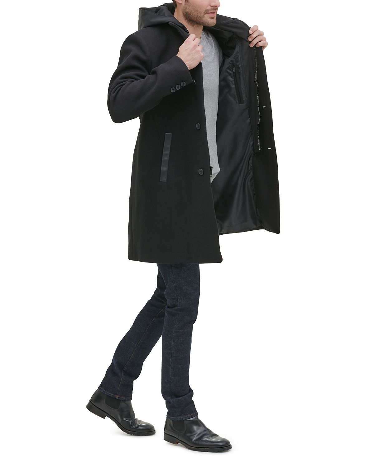 Kenneth Cole New York Winged Collar With Inner Lightweight Bib And Hood Jacket Black