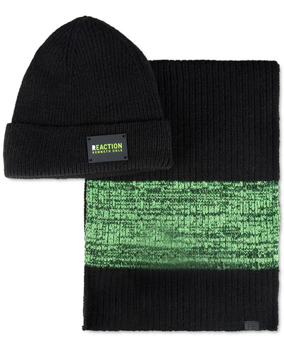 Kenneth Cole Reaction Neon Beanie And Scarf Set Black/Green