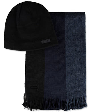 Kenneth Cole Reaction Striped Scarf And Beanie Black