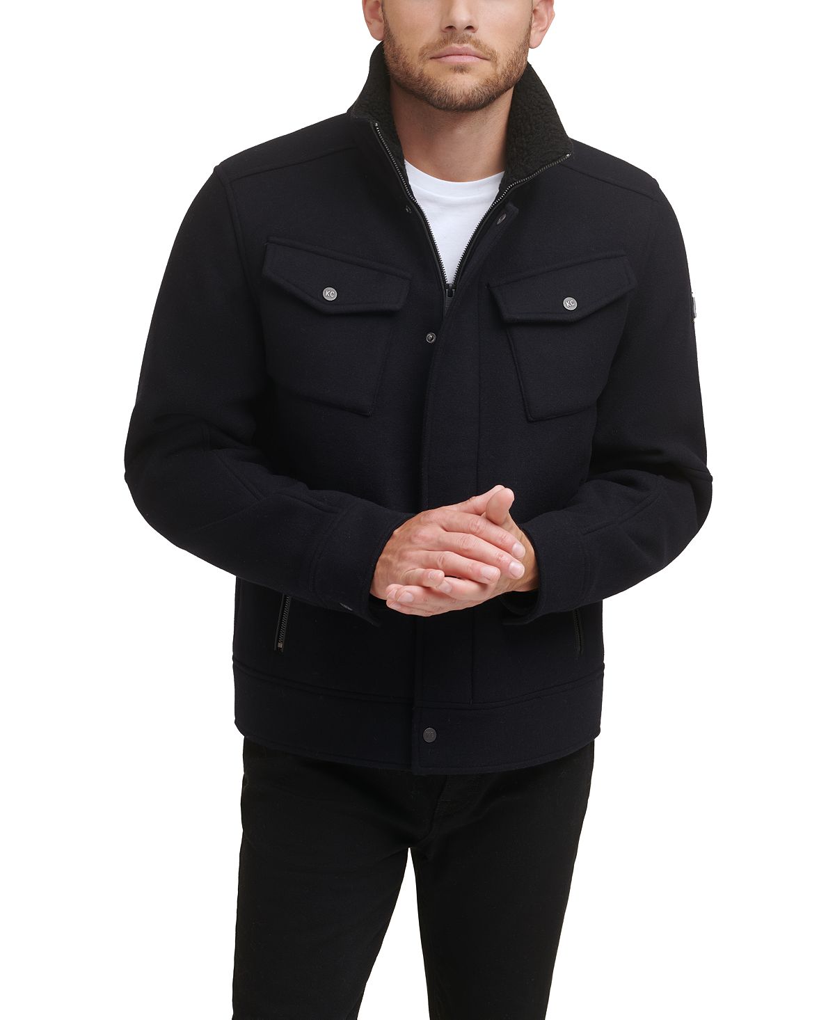 Kenneth Cole Textured Wool Sherpa Inner Collar Jacket Black