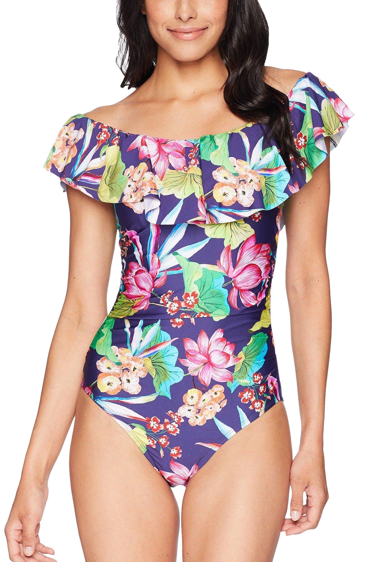 La Blanca Midnight-Blue Bora Bora Printed Off-The-Shoulder Ruffle Tummy-Control One-Piece Swimsuit