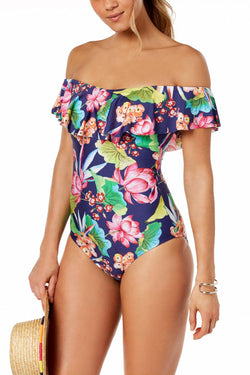 La Blanca Midnight-Blue Bora Bora Printed Off-The-Shoulder Ruffle Tummy-Control One-Piece Swimsuit thumbnail 1