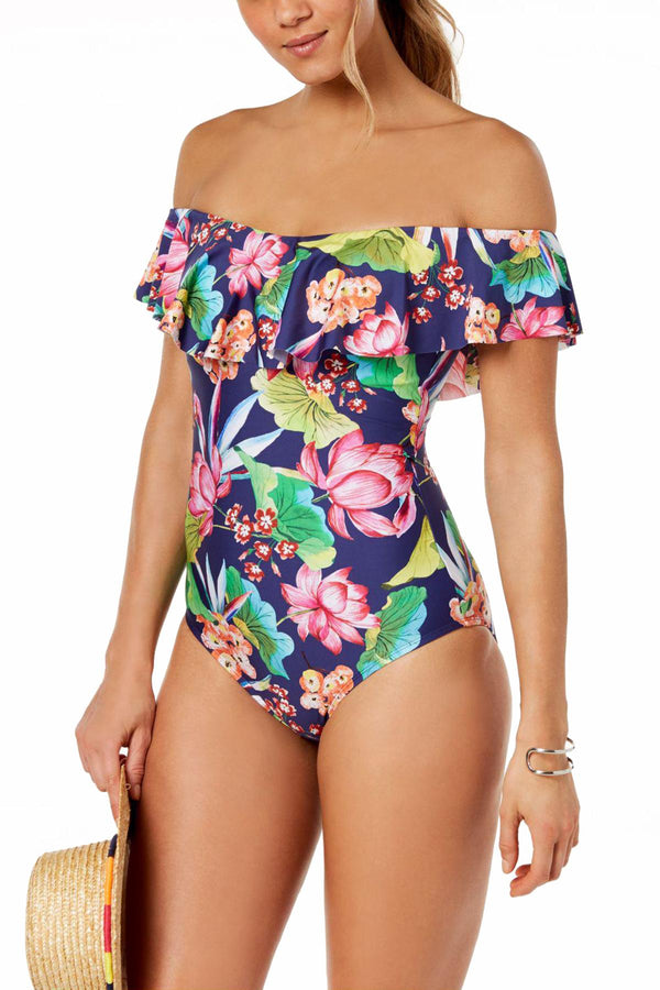 La Blanca Midnight-Blue Bora Bora Printed Off-The-Shoulder Ruffle Tummy-Control One-Piece Swimsuit