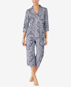 Lauren Ralph Lauren 3/4 Sleeve Cotton Notch Collar/Capri Pant PJ Set in Navy Print thumbnail 2
