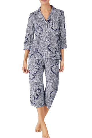 Lauren Ralph Lauren 3/4 Sleeve Cotton Notch Collar/Capri Pant PJ Set in Navy Print