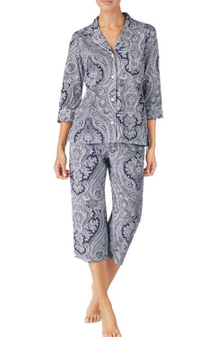 Lauren Ralph Lauren 3/4 Sleeve Cotton Notch Collar/Capri Pant PJ Set in Navy Print thumbnail 1