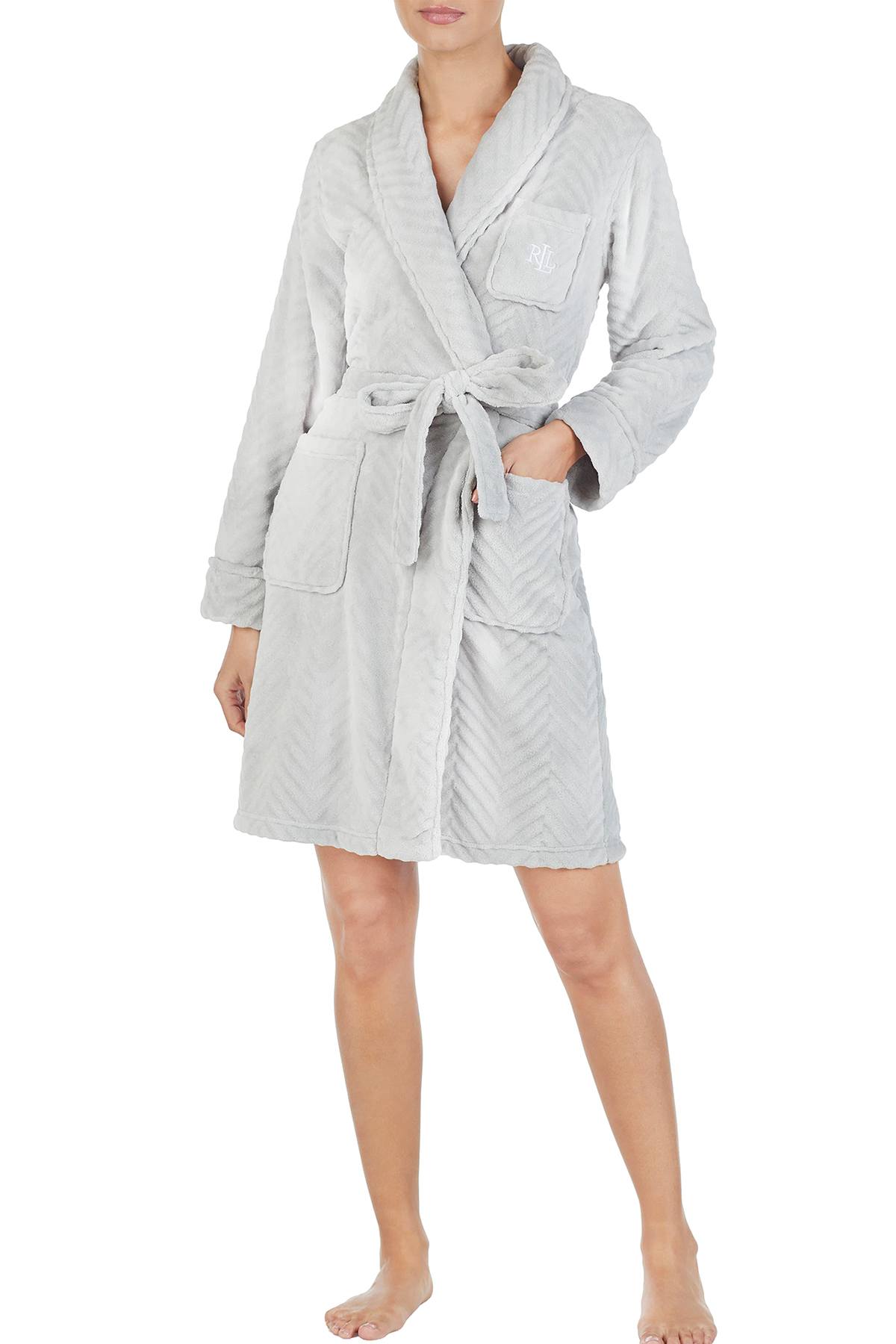 Lauren Ralph Lauren Grey Shawl-Collar Fleece Short Robe