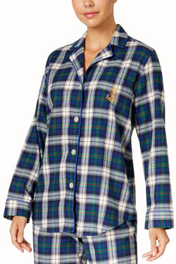Lauren Ralph Lauren Ivory/Blue Plaid Brushed-Twill Pajama 2-Piece Set thumbnail 2