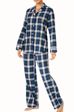 Lauren Ralph Lauren Ivory/Blue Plaid Brushed-Twill Pajama 2-Piece Set thumbnail 1