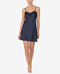 Lauren Ralph Lauren Lace-trim Satin Chemise Nightgown Navy Prt thumbnail 1