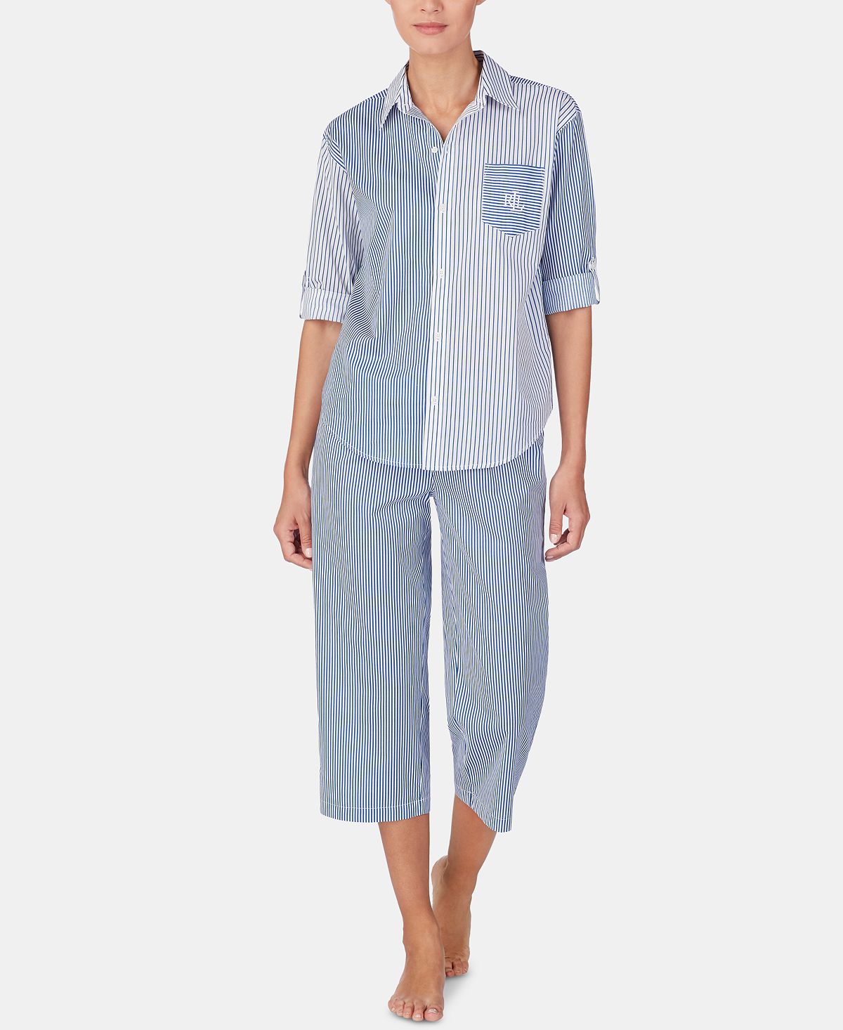 Lauren Ralph Lauren Mixed-stripe Top And Capri Pants Cotton Pajama Set Blue Stp