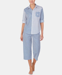 Lauren Ralph Lauren Mixed-stripe Top And Capri Pants Cotton Pajama Set Blue Stp thumbnail 1