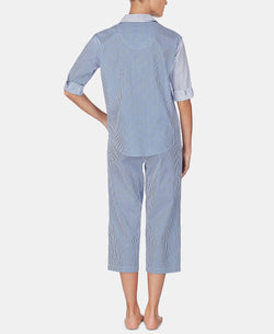 Lauren Ralph Lauren Mixed-stripe Top And Capri Pants Cotton Pajama Set Blue Stp thumbnail 3