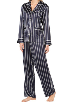 Lauren Ralph Lauren Navy-Stripe Satin Logo-Pocket Pajama Set thumbnail 1