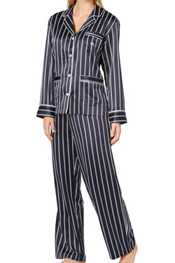Lauren Ralph Lauren Navy-Stripe Satin Logo-Pocket Pajama Set thumbnail 2