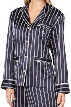 Lauren Ralph Lauren Navy-Stripe Satin Logo-Pocket Pajama Set thumbnail 3