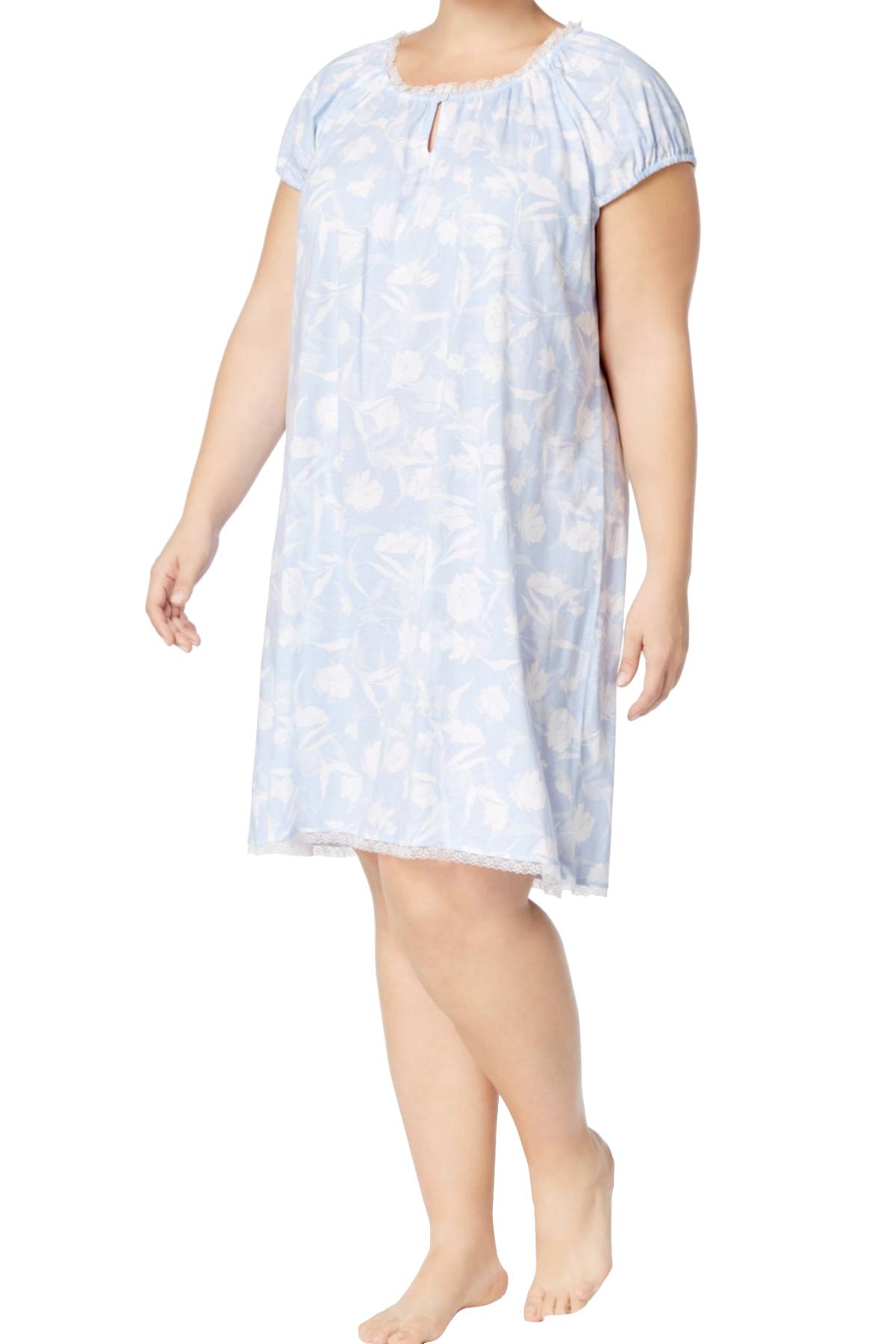 Lauren Ralph Lauren PLUS Blue/Floral-Print Lace-Trim Night-Gown