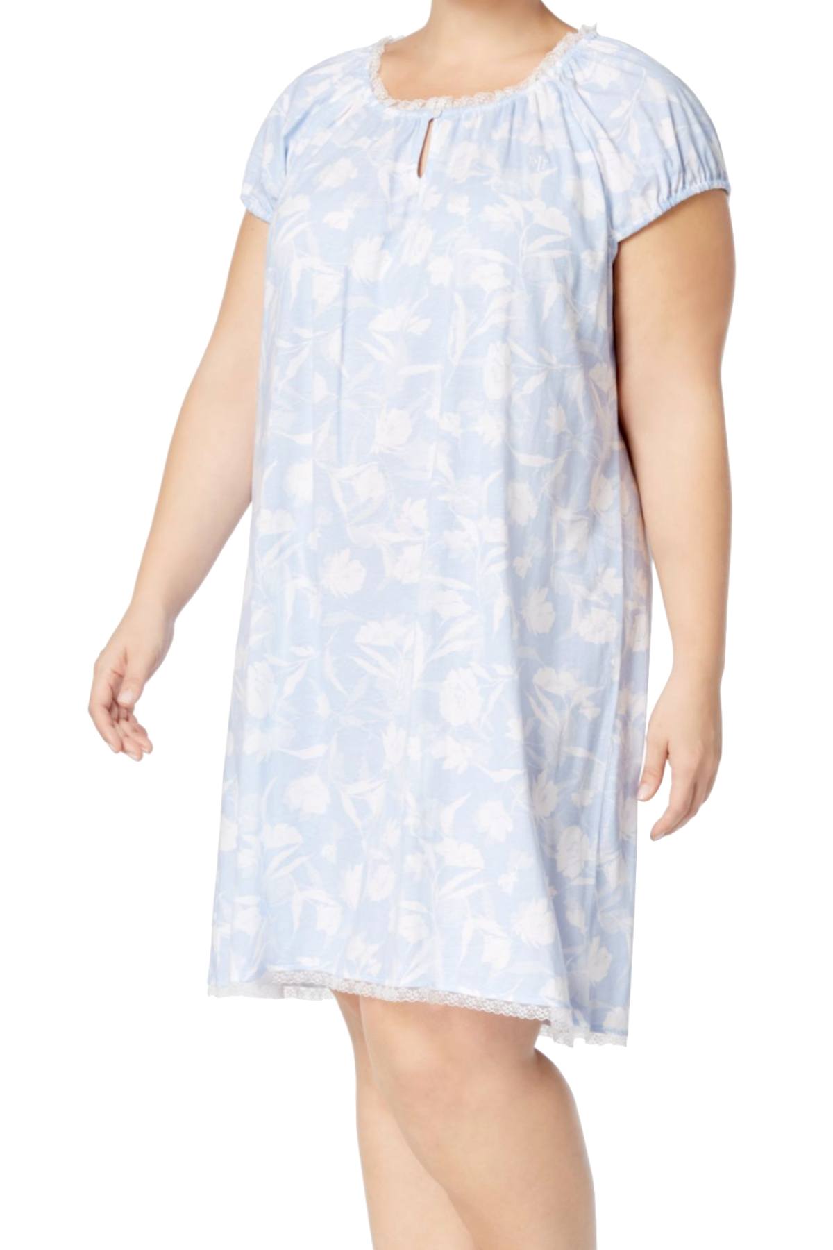 Lauren Ralph Lauren PLUS Blue/Floral-Print Lace-Trim Night-Gown