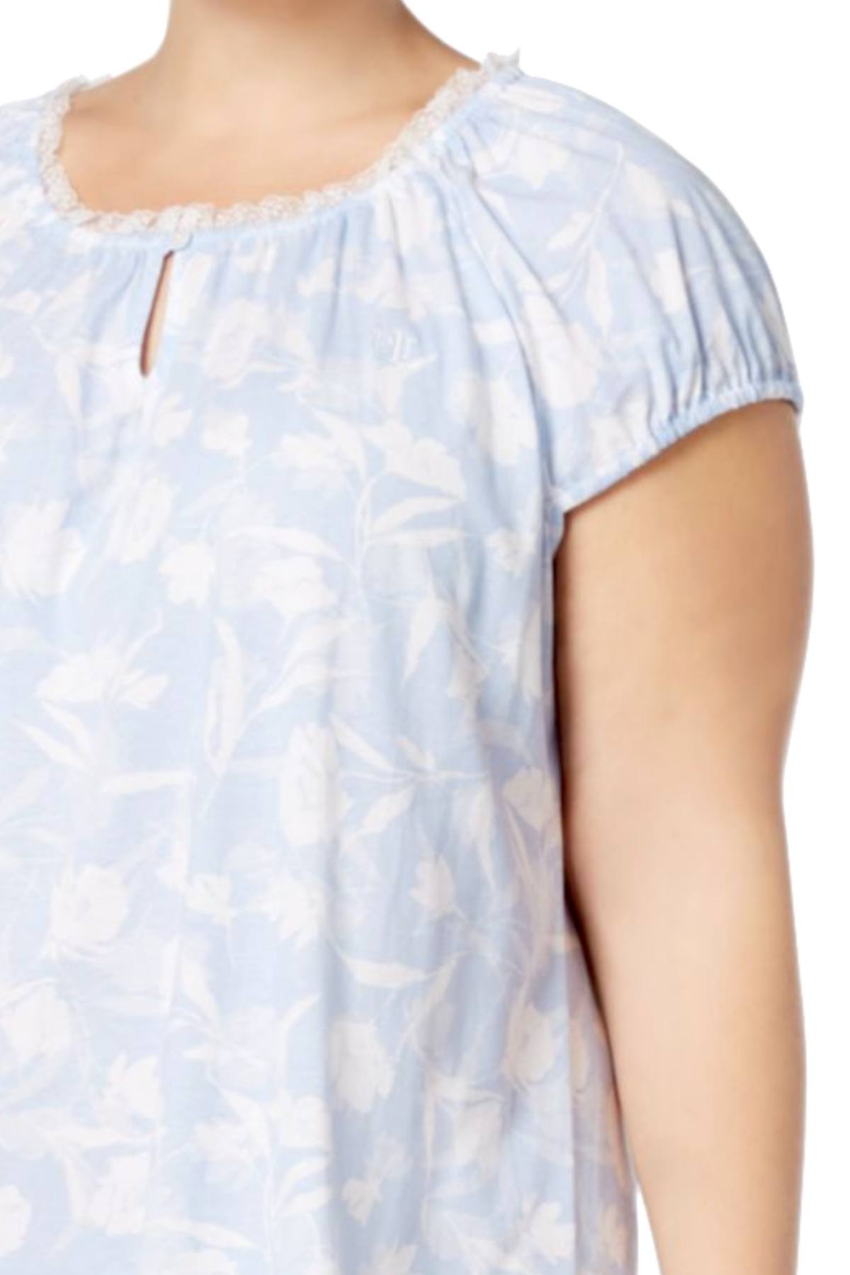 Lauren Ralph Lauren PLUS Blue/Floral-Print Lace-Trim Night-Gown