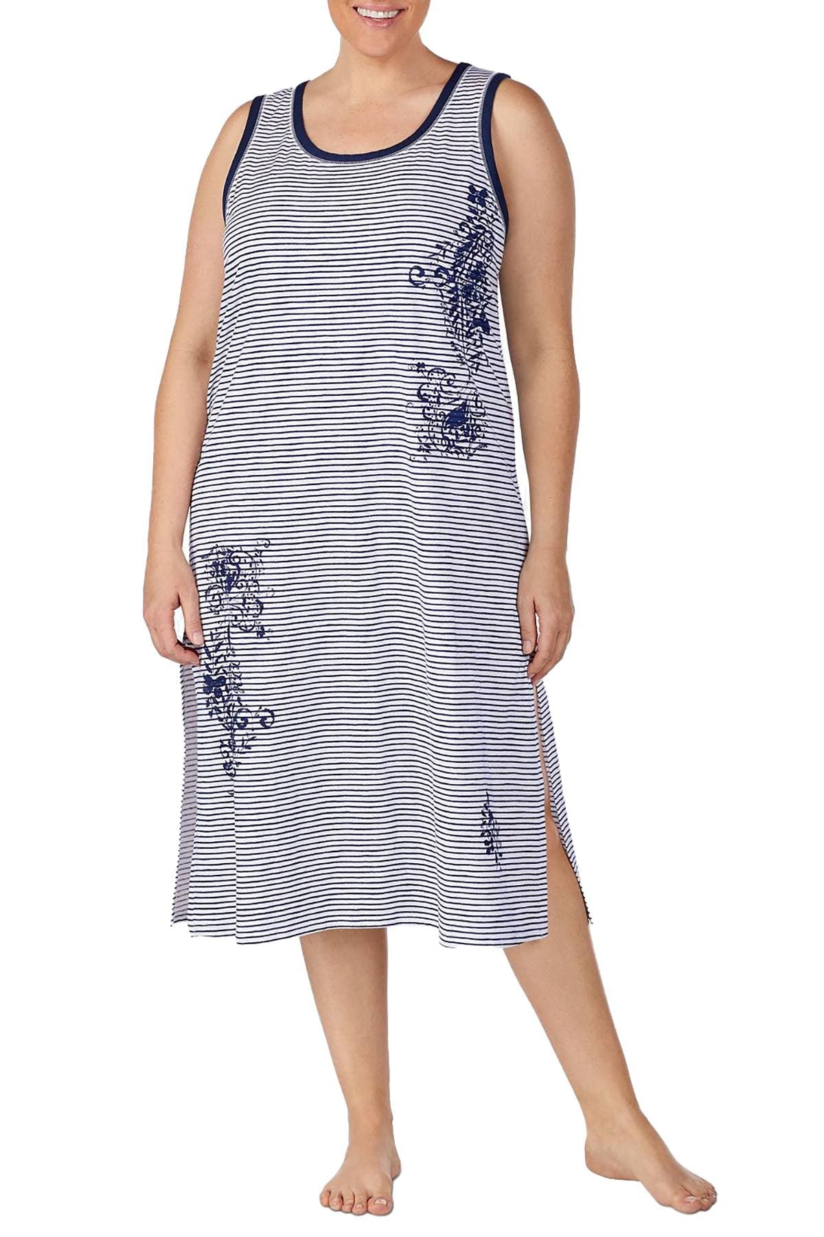 Lauren Ralph Lauren PLUS Striped Cotton Ballet Nightgown in Navy