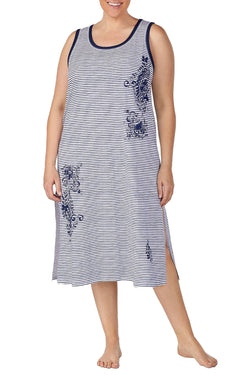 Lauren Ralph Lauren PLUS Striped Cotton Ballet Nightgown in Navy thumbnail 1