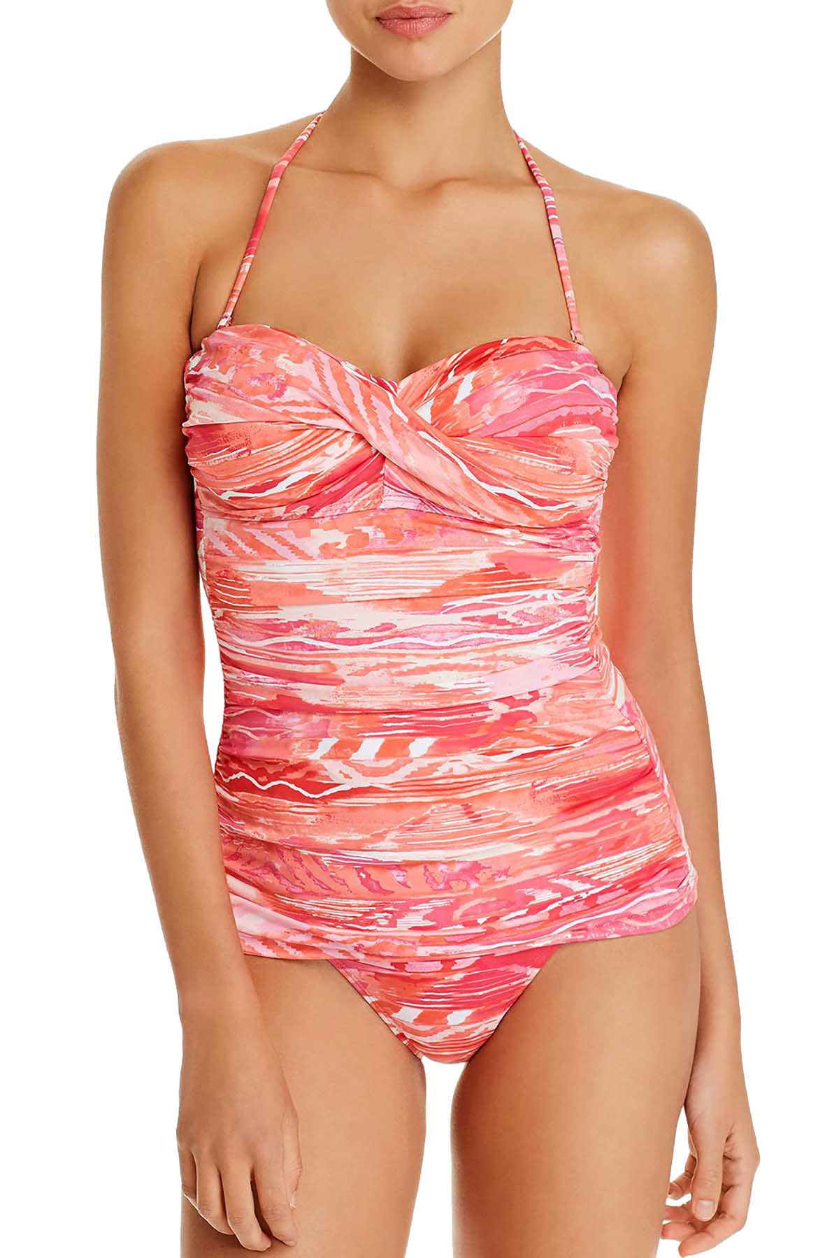 Lauren Ralph Lauren Pink/Coral Calypso Tummy-Control Bandeau Tankini Top