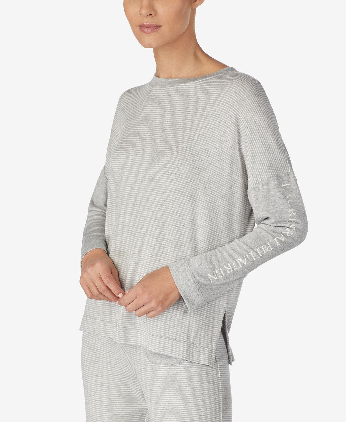 Lauren Ralph Lauren Print & Logo Long-sleeve Knit Pajama Top Heather Stripe
