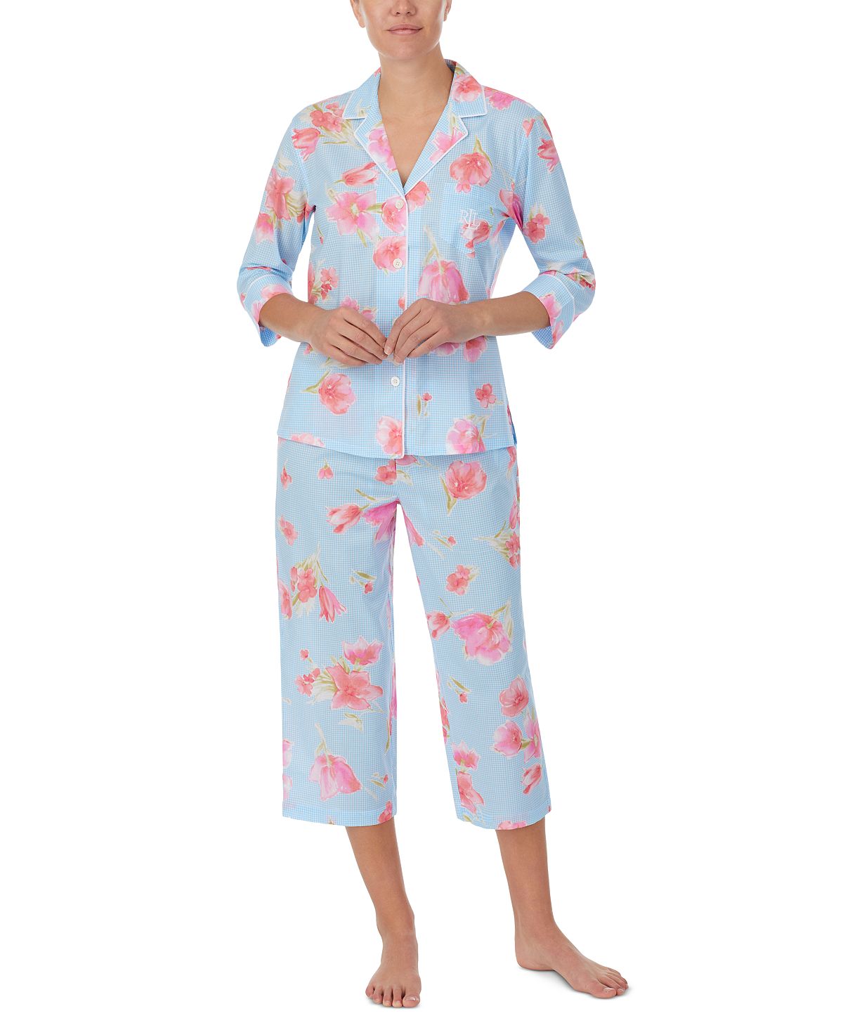 Lauren Ralph Lauren Printed 3 4 Sleeve Capri Pants Pajama Set Turq