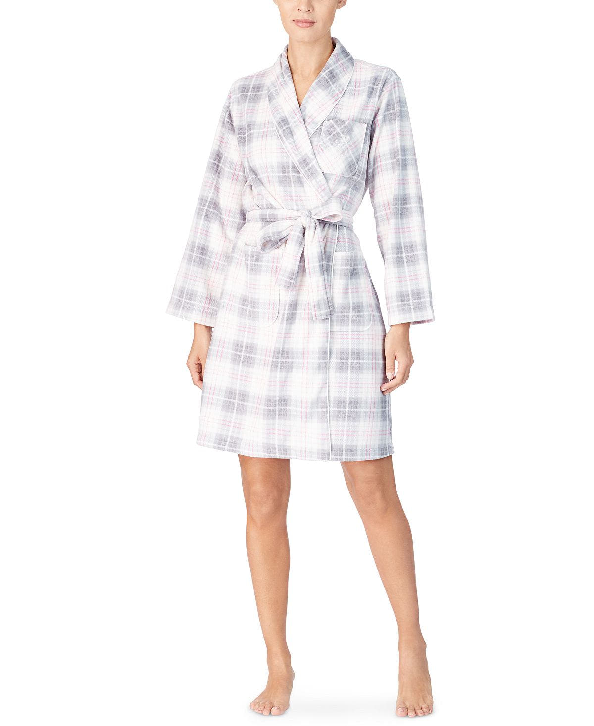 Lauren Ralph Lauren Printed Fleece Short Wrap Robe Grey Plaid
