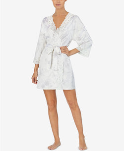 Lauren Ralph Lauren Printed Lace Trim Wrap Robe in White thumbnail 3