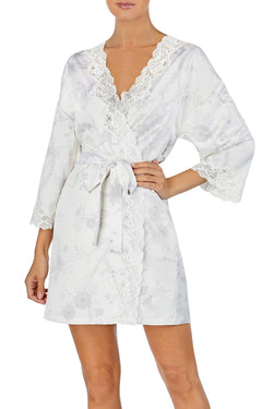 Lauren Ralph Lauren Printed Lace Trim Wrap Robe in White thumbnail 1