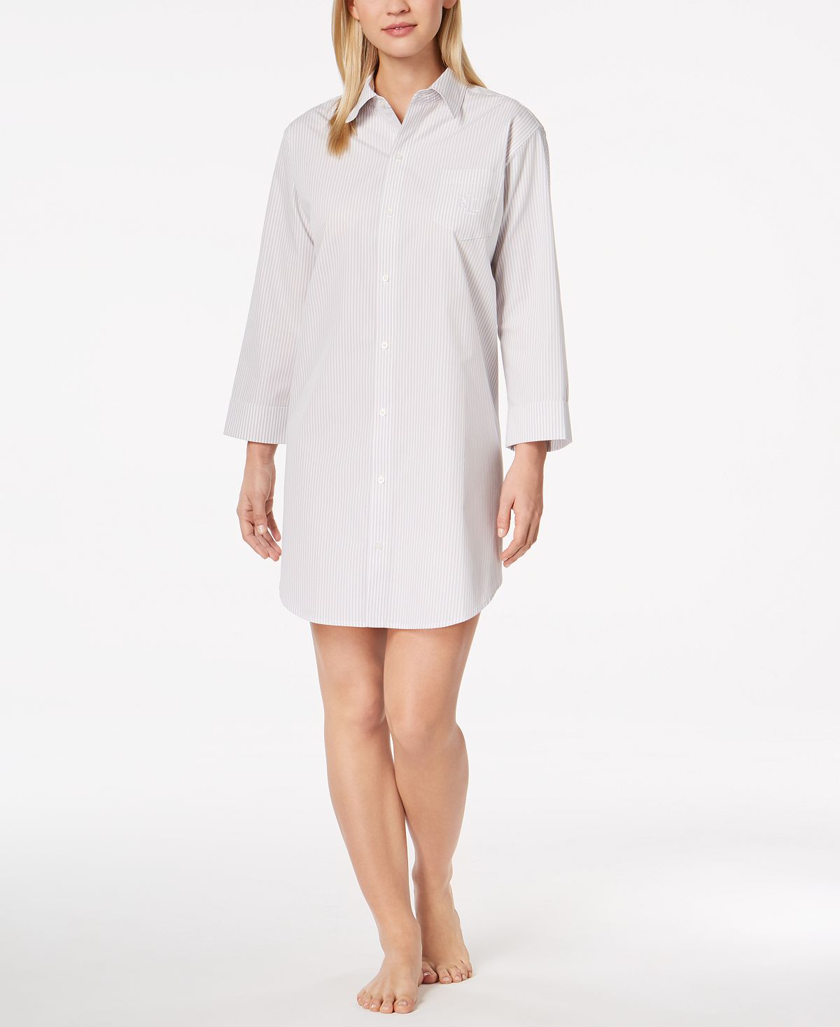 Lauren Ralph Lauren Roll Cuff Sleepshirt Nightgown Grey Stripe