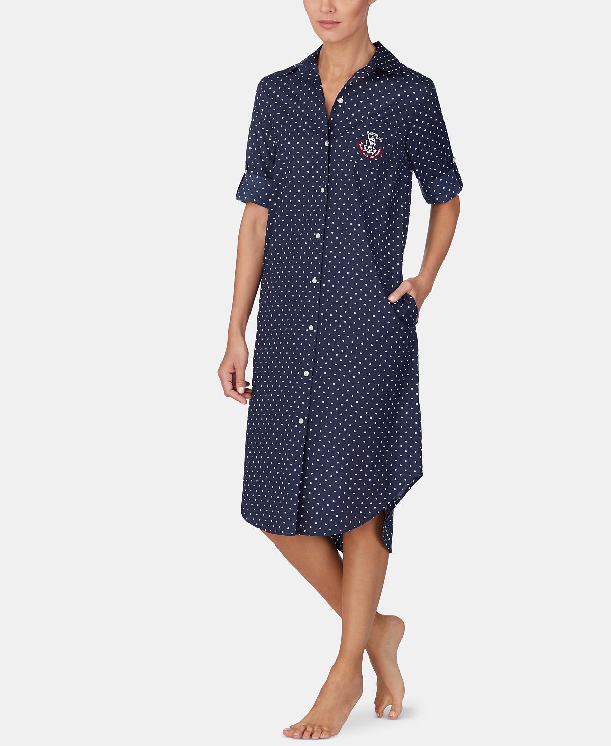 Lauren Ralph Lauren Roll-sleeve Cotton Sleepshirt Nightgown Navy Prt