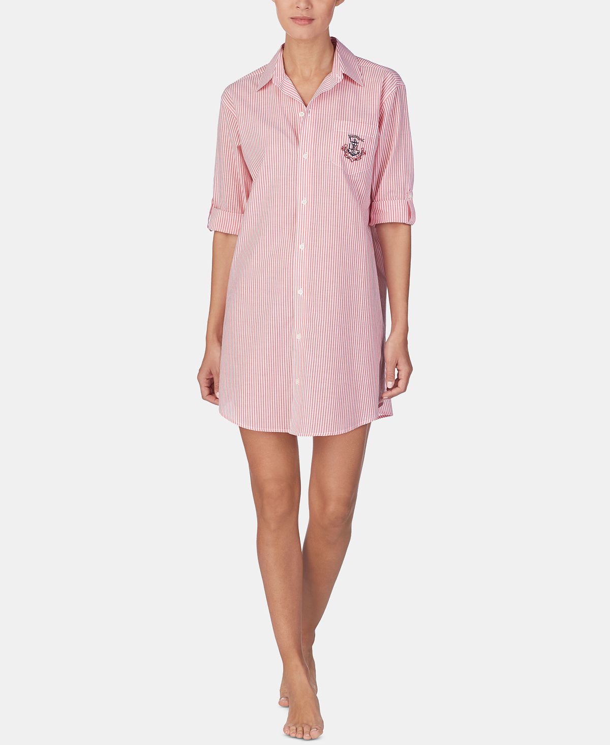 Lauren Ralph Lauren Roll-sleeve Cotton Sleepshirt Nightgown Red Stp