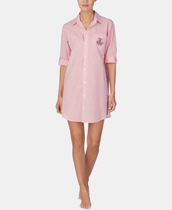 Lauren Ralph Lauren Roll-sleeve Cotton Sleepshirt Nightgown Red Stp thumbnail 1