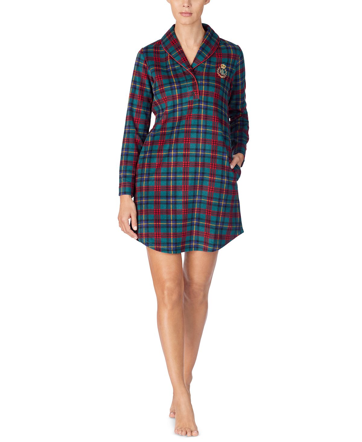 Lauren Ralph Lauren Shawl-collar Printed Fleece Lounger Sleepshirt Nightgown Grn Pld