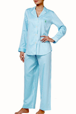 Lauren Ralph Lauren Turquoise-Stripe Sateen Pajama 2-Piece Set thumbnail 1