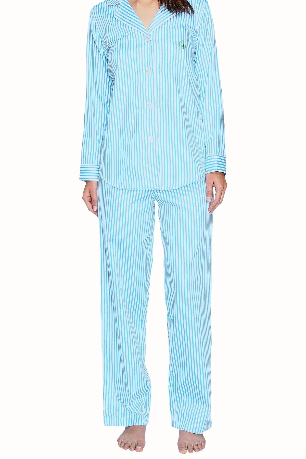 Lauren Ralph Lauren Turquoise-Stripe Sateen Pajama 2-Piece Set